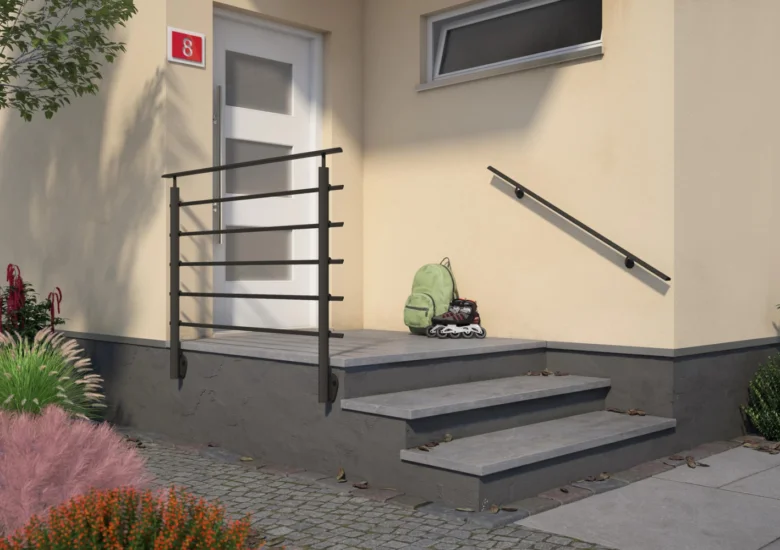 Vstupní schodiště s madly různých výšek pro ilustraci správné montáže.