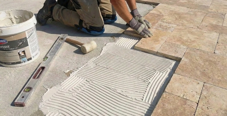 Pracovník nanáší lepidlo na podklad pro pokládku dekorativního kamene.