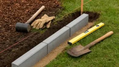 Nástroje pro pokládání obrubníků: bloky, lopata, úroveň a rukavice.