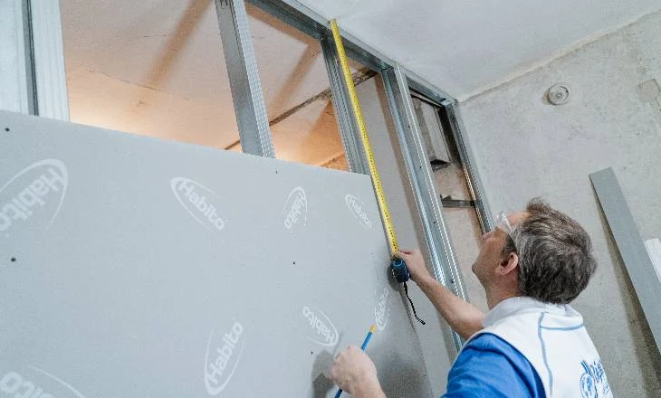 Muž měří sádrokartonovou desku při stavbě vnitřního prostoru.