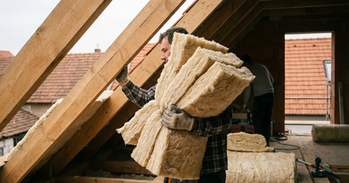 Stavebník nese balíky minerální vlny mezi trámy střechy.
