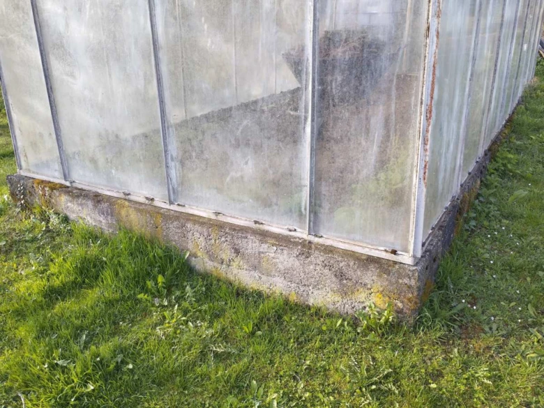 Základ skleníku z betonu s náznaky vlhkosti a mechu.