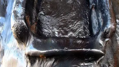 Blýštivá povrchová textura černého asfaltu v makro záběru.