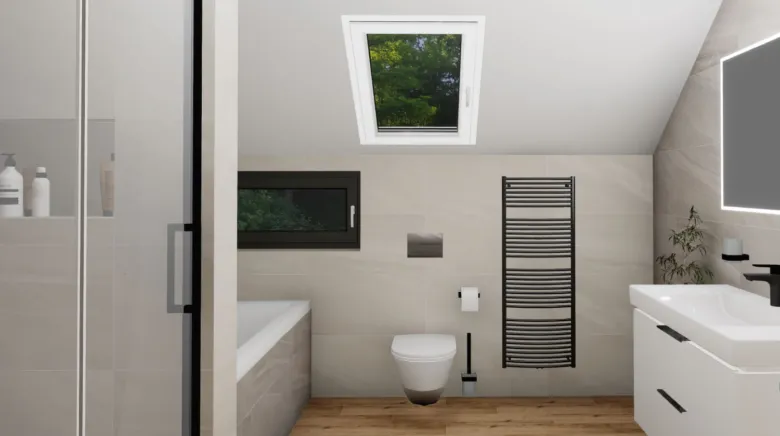 Moderní koupelna se skloněným stropem a oknem do střechy.