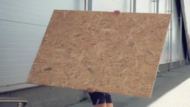 Osobní držící velkou OSB desku venku před budovou.