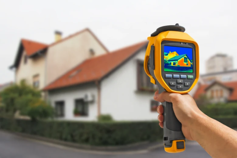 Termokamera ukazuje tepelné ztráty na fasádě domu při zateplování střechy.