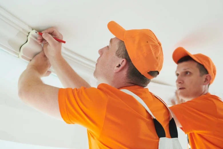 Dva muži v oranžových uniformách montují dekorativní lištu na strop.