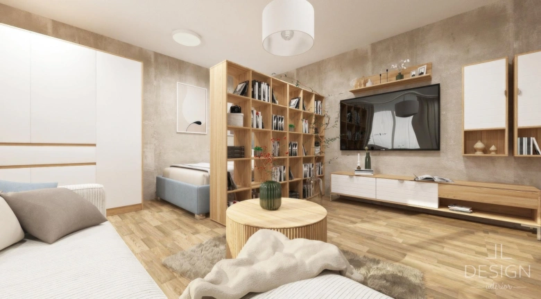 Moderní obývací pokoj s oddělenou ložnicí pomocí knihovny.