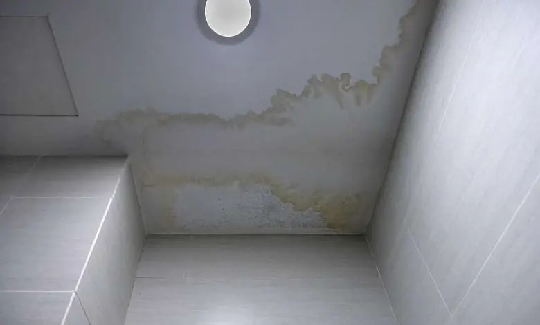 Žluté skvrny na stropě v koupelně způsobené vlhkostí.