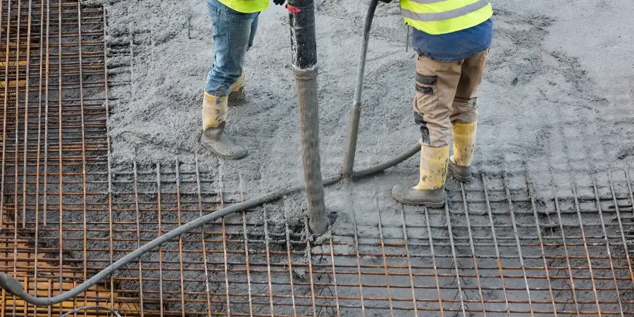 Dva dělníci nalévají čerstvý beton na ocelovou mřížku.