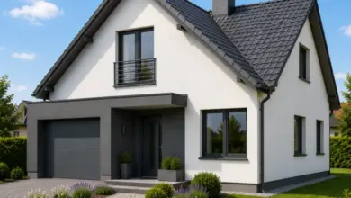 Moderní dům s bílou fasádou a tmavě šedou střechou.