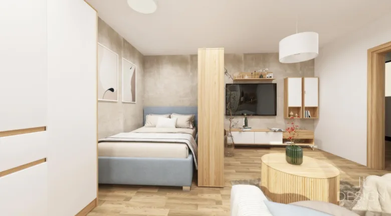 Moderní studió s oddělenou ložnicí pomocí dřevěné přepážky.