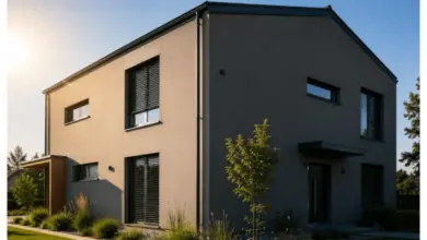 Moderní fasáda domu v neutrálním béžovém odstínu s tmavými okny.