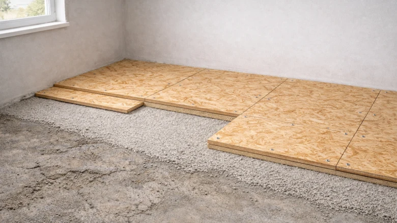 Vyrovnání betonové podlahy pomocí desek z OSB na štěrku.