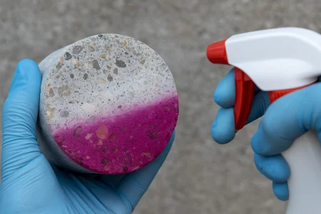 Ruční test hustoty betonu stříkáním vody na vzorek.