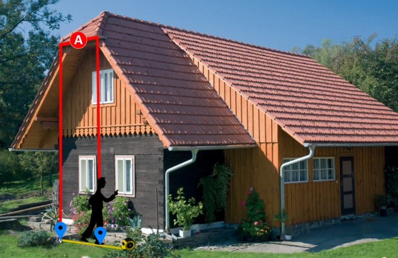Dům s červenými linkami ukazujícími, jak změřit štít.