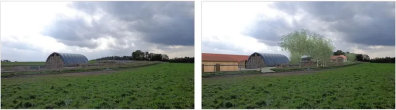 Zelené zemědělské pole s chlévy pod mrakem.