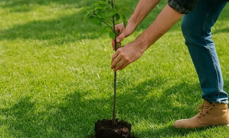 Muž vysazuje mladý strom do trávníku.