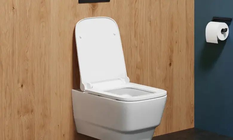 Bílá závěsná toaleta namontovaná na dřevěné stěně s instalací.