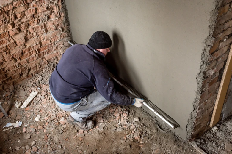 Stavebník omítá zdi s použitím síťky pro lepší přilnavost