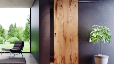Moderní dřevěná posuvná dveře v interiéru vedle květiny.