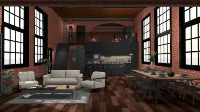 Moderní interiér s kuchyní a obývacím pokojem v loft stylu.