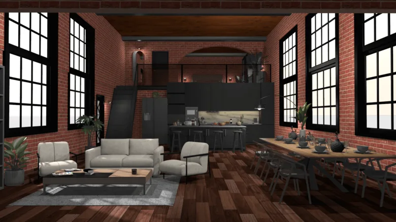 Moderní interiér s kuchyní v lofts stylu pro inspiraci.