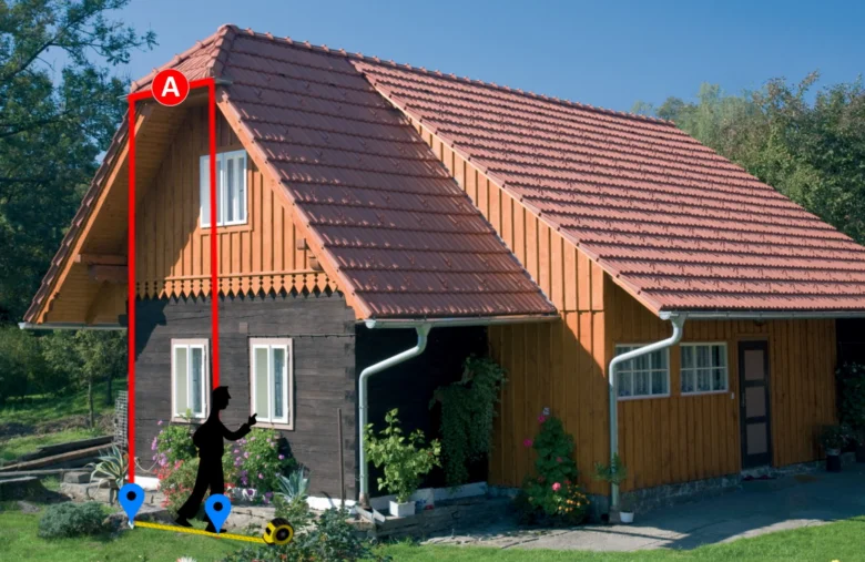 Fotografie domu s červenými linkami měřícími přesah štítu střechy.