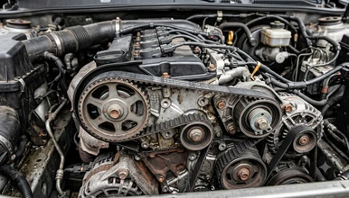 Detailní pohled na řemenový systém a komponenty automobilového motoru.