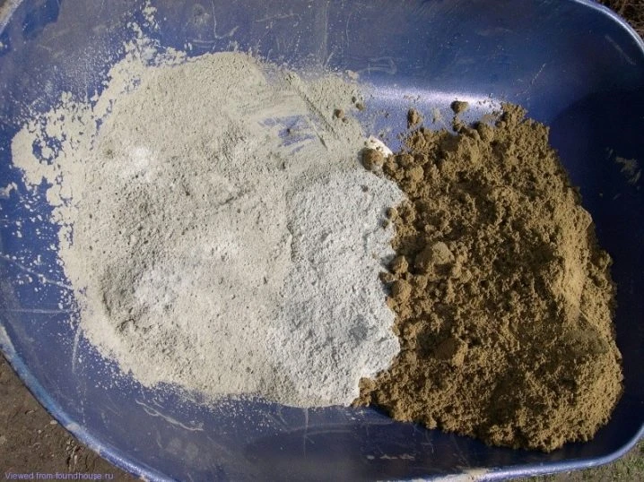 Suroviny pro maltu v kbelíku: písek a cement.