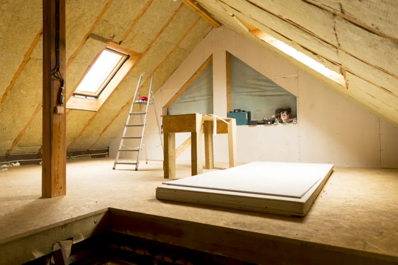 Nezateplený půdní prostor s izolačními materiály pro vnitřní zateplování.