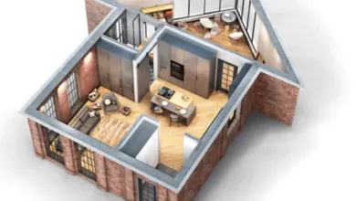 Třírozměrný model interiéru domu s kuchyní a obývacím pokojem.