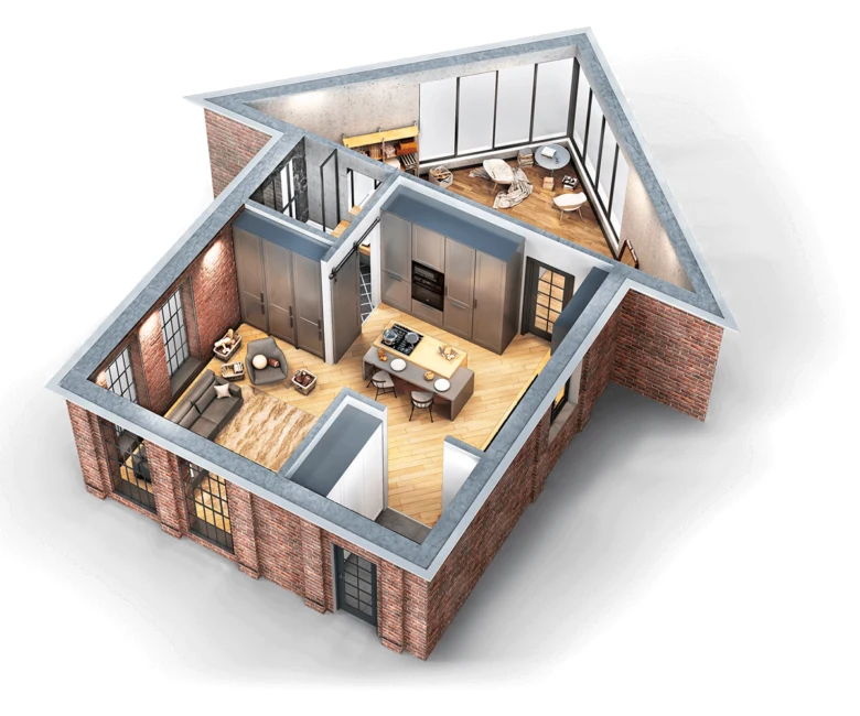 Třírozměrný model interiéru domu s kuchyní a obývacím pokojem.