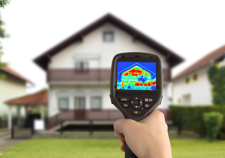 Termokamera ukazuje tepelné ztráty na fasádě domu pro izolaci.