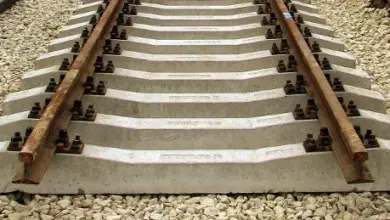 Betonový pražec s kolejnicemi na štěrkovém loži.