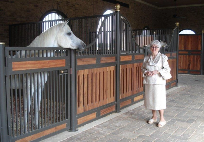 Žena stojí vedle bílého koně v dobře vybaveném koňském stání.