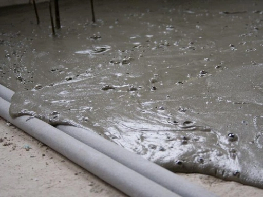 Čerstvý beton se rozlévá po povrchu s viditelnými bublinami.