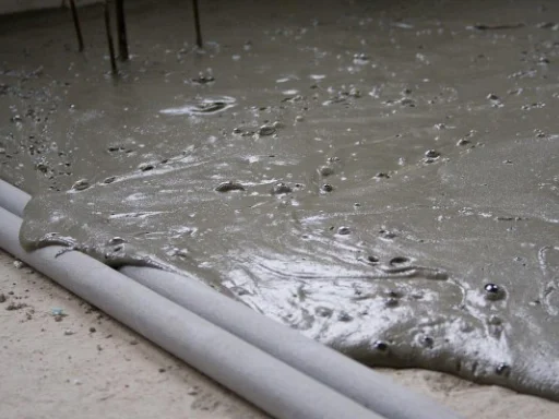 Mokrý beton rozlitý na podlaze staveniště.