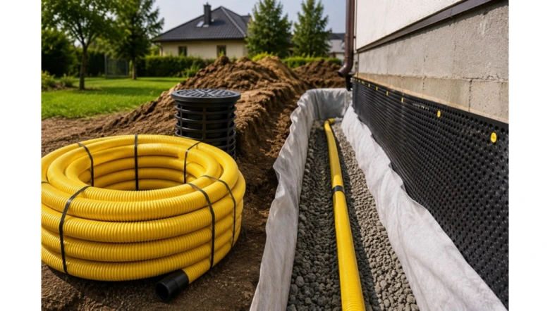Žlutá drenážní trubka v příkopu s kamínky a filtračním materiálem u domu.