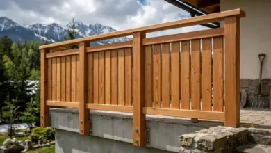 Hotovo dřevěné zábradlí na balkóně s výhledem do hor.