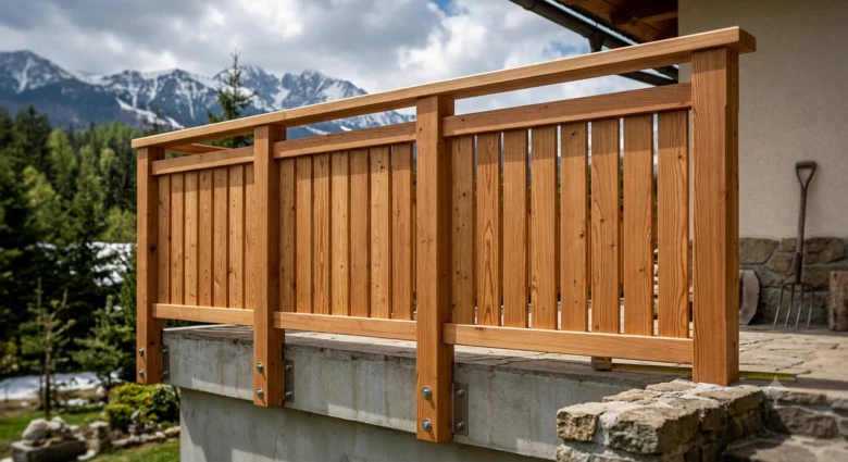 Hotovo dřevěné zábradlí na balkóně s výhledem do hor.