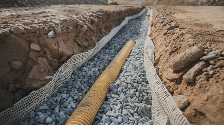 Žlutá drenážní trubka v štěrku s geotexilem ve výkopu.