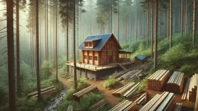 Stavba dřevěné chaty v lese s naloženým stavebním materiálem.