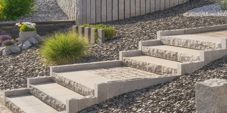 Hotové betonové schodiště v zahradě s kamením.
