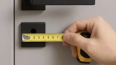Ruka měří výšku montáže kliky na dveřích páskou.