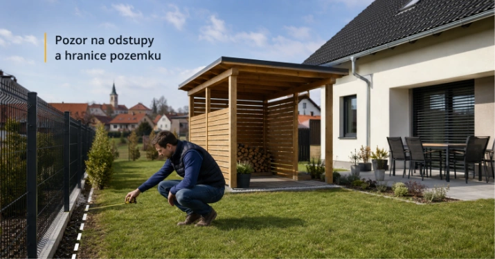 Muž měří hranici pozemku vedle plotu u domu.