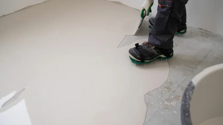 Pracovník připravuje podlahovou základnu aplikací bílé vrstvy na beton.