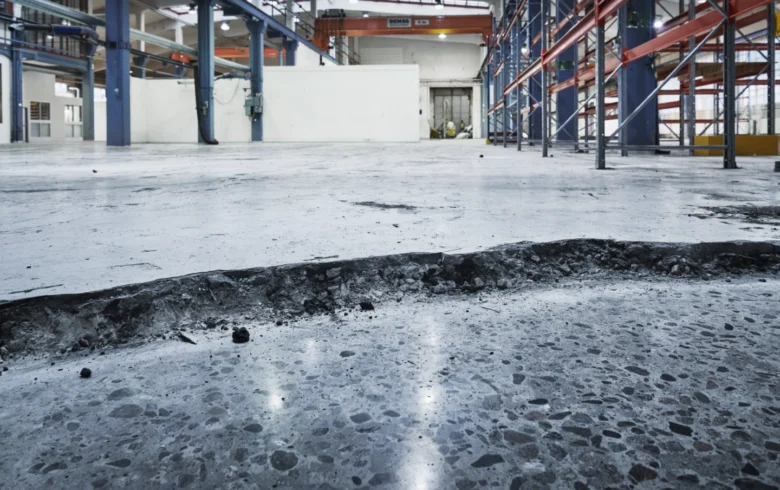 Poškozená betonová podlaha v průmyslovém skladu připravená na opravu.