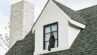 Bílý vikář na střeše s šindelovou krytinou vedle cihlového komína.
