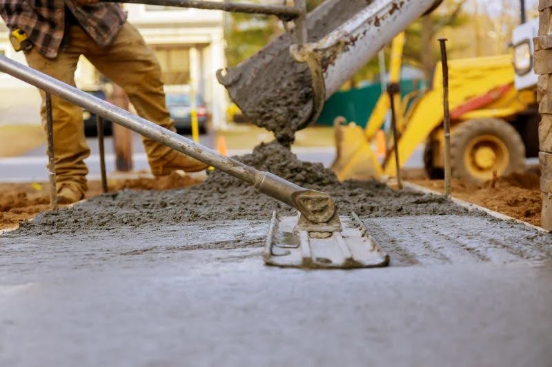 Střídání čerstvého betonu na staveništi s pracovníkem.
